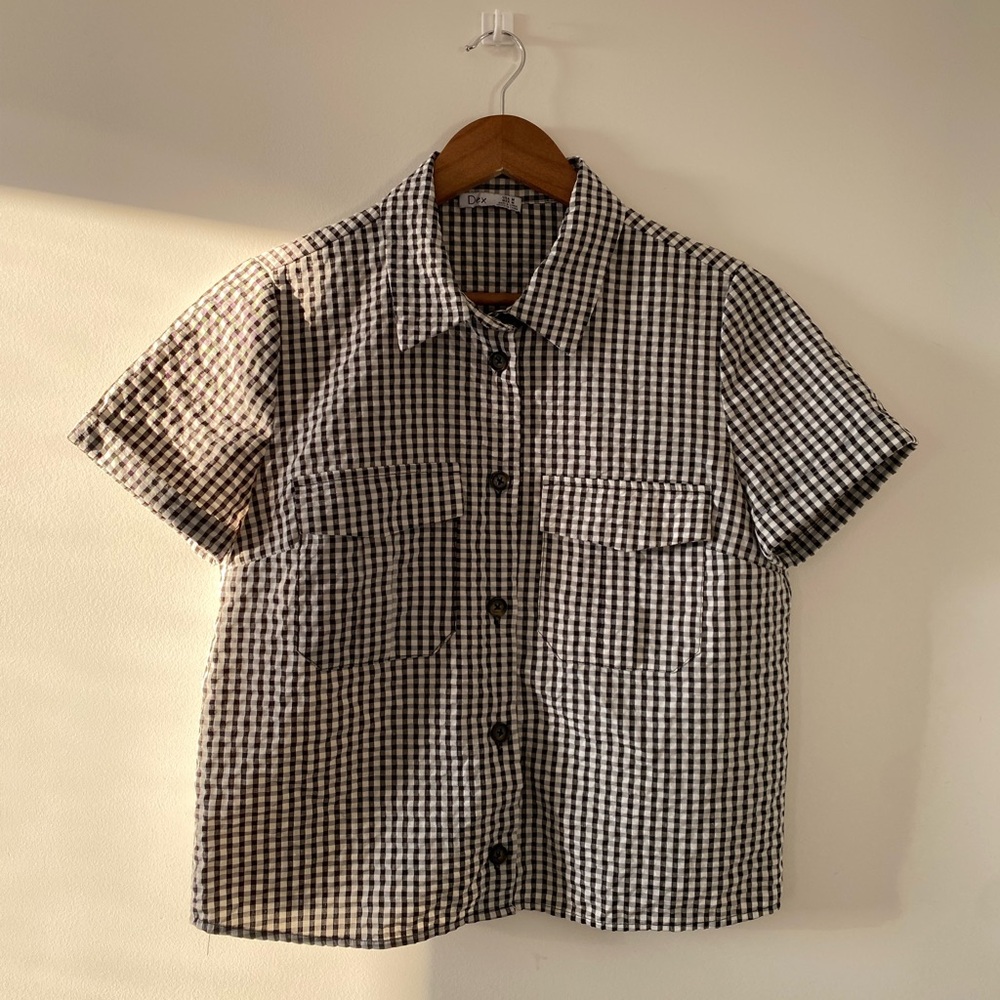 Dex Black and White Gingham Button Down Shirt Short Sleeve Pockets